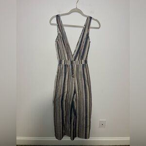 Addie striped deep v neck jumpsuit with 3 buttons and pockets Small
